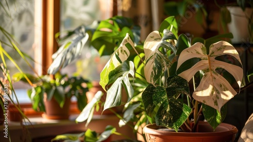 Indoor potted plants basking in sunlight by a window  including a variegated Monstera with distinctive leaf patterns.