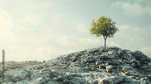 A solitary tree standing on a rocky hill under a hazy sky, symbolizing resilience or solitude in nature.