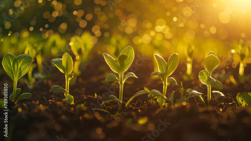 Seedlings Growing in Fertile Soil with Warm Sunlight - New Life and Growth Concept