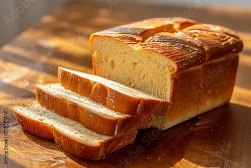 A warm, sliced brioche loaf with a soft, fluffy texture, displayed on a wooden cutting board..