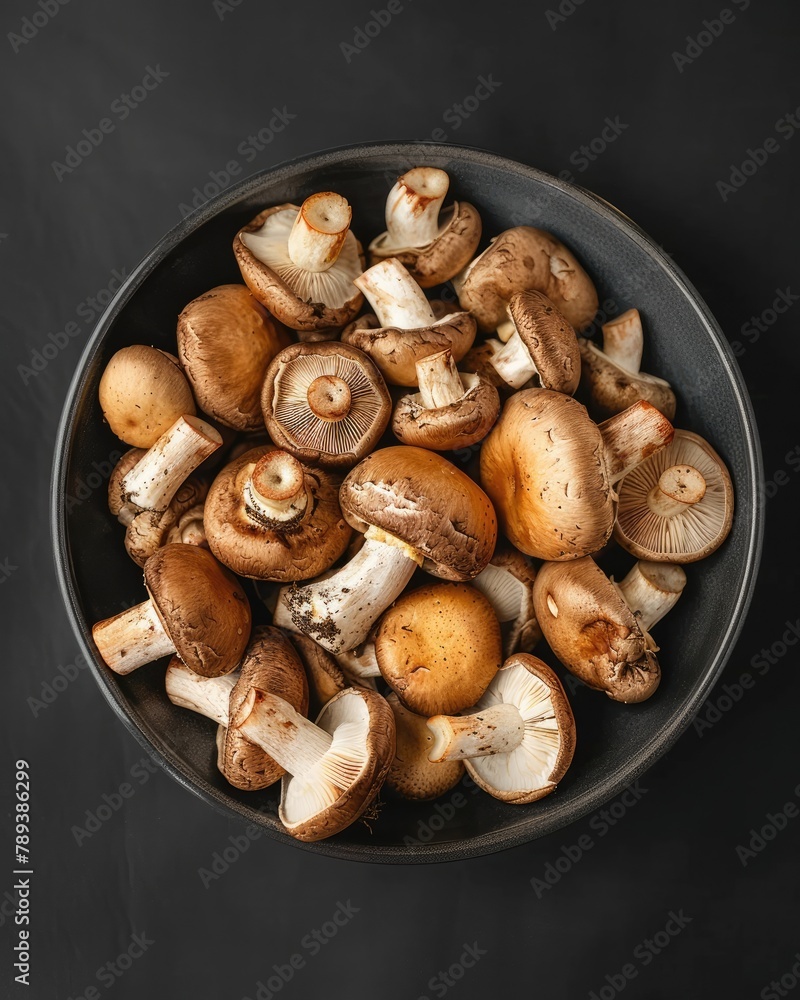 Wild Mushroom Medley, Fresh Variety in Bowl on dark Background Wild Mushroom Medley, Fresh Variety in Bowl on dark Background
