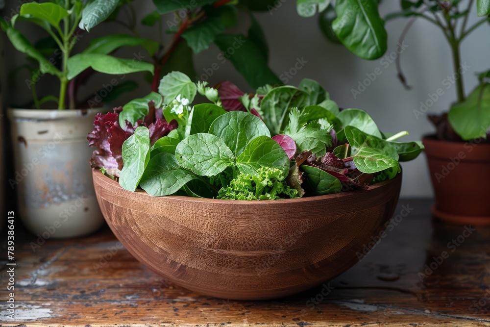 Variety of fresh mixed greens in a rustic wooden bowl on a well-worn kitchen table.. Variety of fresh mixed greens in a rustic wooden bowl on a well-worn kitchen table..