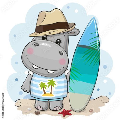 Cartoon Hippo boy with a surfboard on the beach © reginast777
