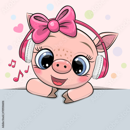 Cartoon Pig girl with bow and headphones © reginast777