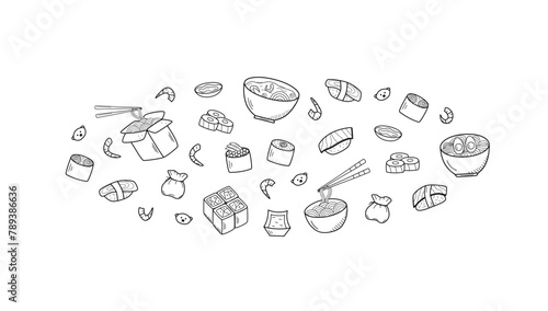 Asian food set doodle style. Vector illustration of Japanese Chinese Taiwanese cuisine menu for restaurants.