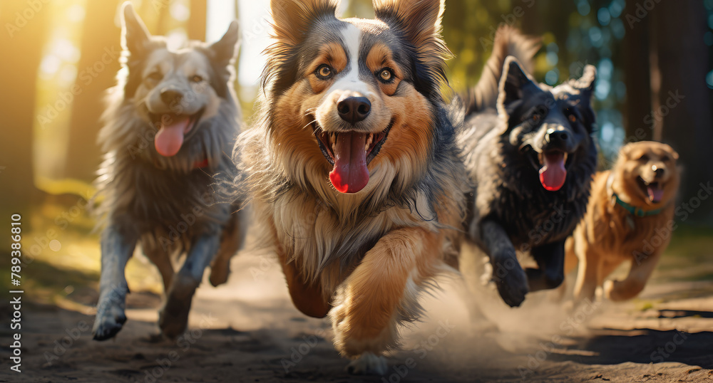 Energetic Dogs Enjoying a Sunny Day Run in the Park