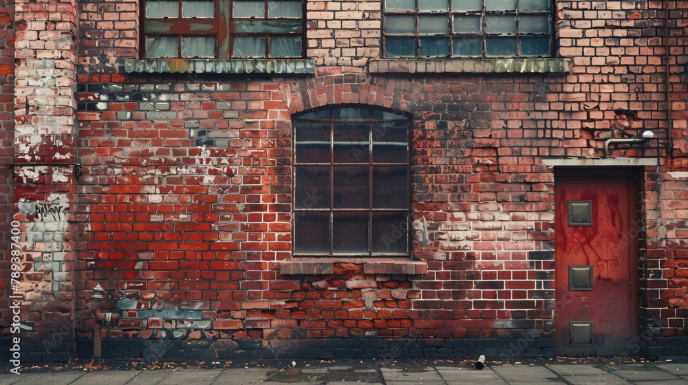 Fototapeta premium The background is a dark red brick wall with a window