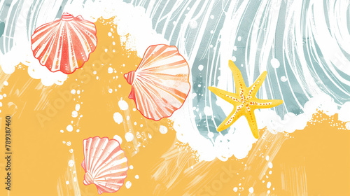 Cartoon beach sea shells overlay wallpaper, light happy summer vacation vibe for promo card poster banner decoration