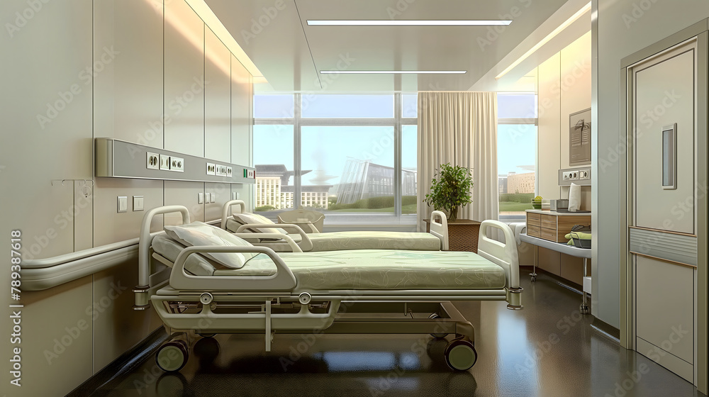 This bright and airy hospital room is designed with patient comfort in mind, featuring large windows that let in natural light, advanced medical equipment, and a calming, clean aesthetic. This bright and airy hospital room is designed with patient comfort in mind, featuring large windows that let in natural light, advanced medical equipment, and a calming, clean aesthetic.