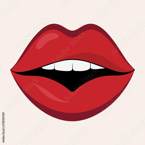 Sensual lips in red lipstick icon. Open mouth with healthy teeth, white smile. Vector simple logo isolated on white background.