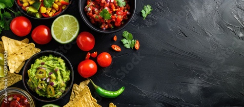 Top-down view of a black table with a Latin American Mexican food spread including guacamole, salsa, chips, and tequila, with empty space for text.
