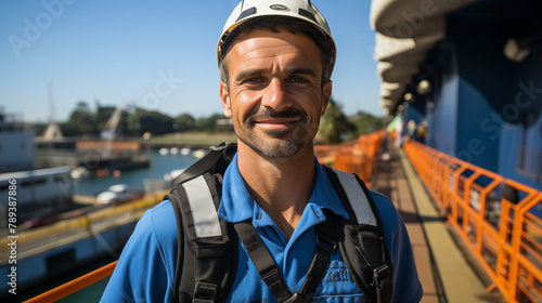 portrait of tourist boat worker smiling. sunny day