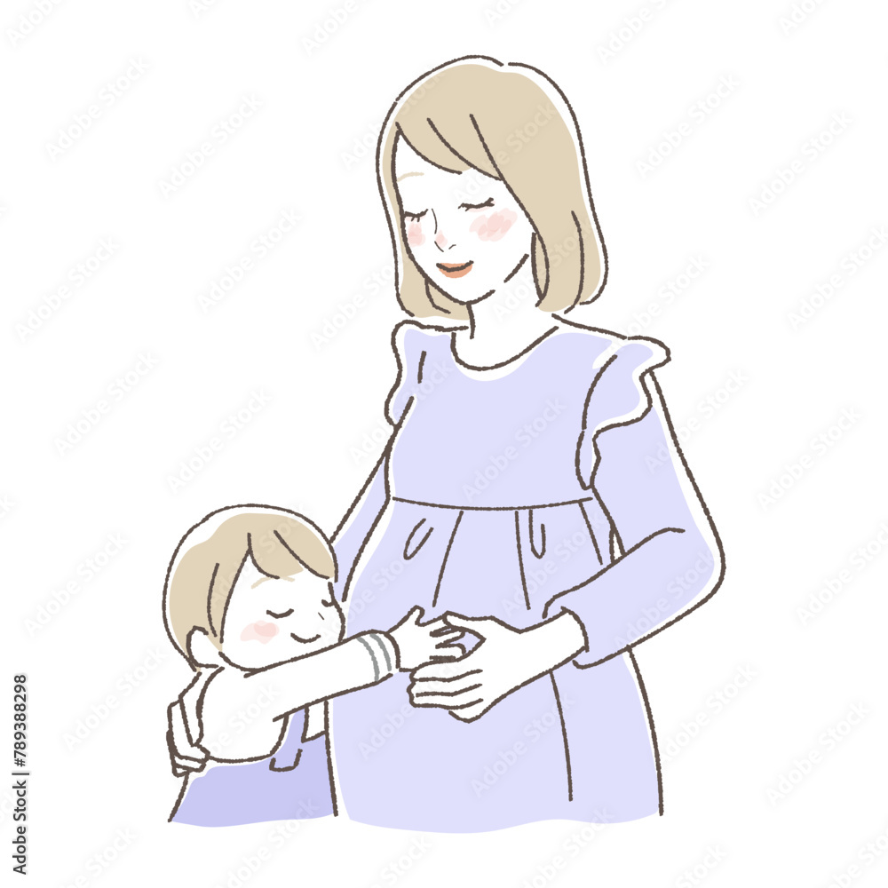 Illustration of a pregnant woman patting her stomach and a child hugging her.
