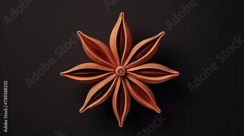 Realistic single star anise isolated on black background. Top view image. photo