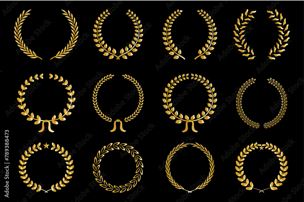 elegant golden laurel wreath collection, floral vector ornaments on black background. elegant golden laurel wreath collection, floral vector ornaments on black background.