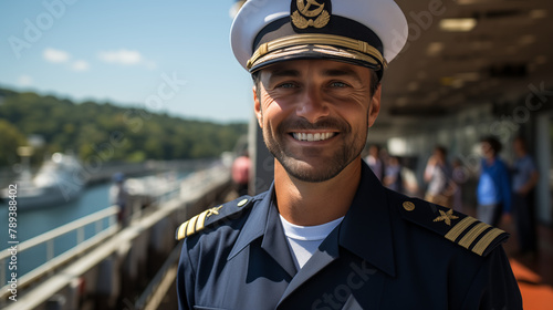 portrait of smiling ship captain wearing sailor cap on a sunny day