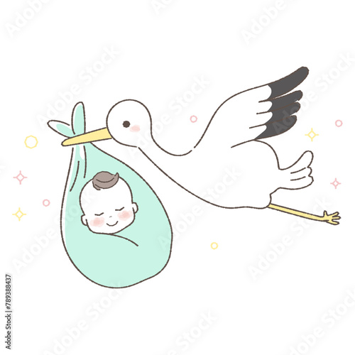 Illustration of a stork carrying a baby.
