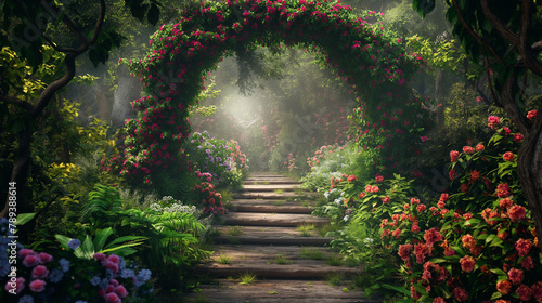 A stone path leads through an archway covered in pink flowers into a misty forest.   © Awais