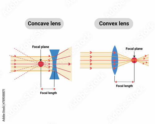 light rays passing through lens Convex or converging lens schematic diagram in optics physics vector illustration