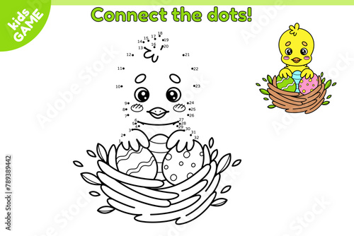 Dot to dot Easter game for children. Connect the dots by numbers, draw a cartoon chick and color it. Cute chick in a nest with painted festive eggs. Educational puzzle for kids. Vector baby design.