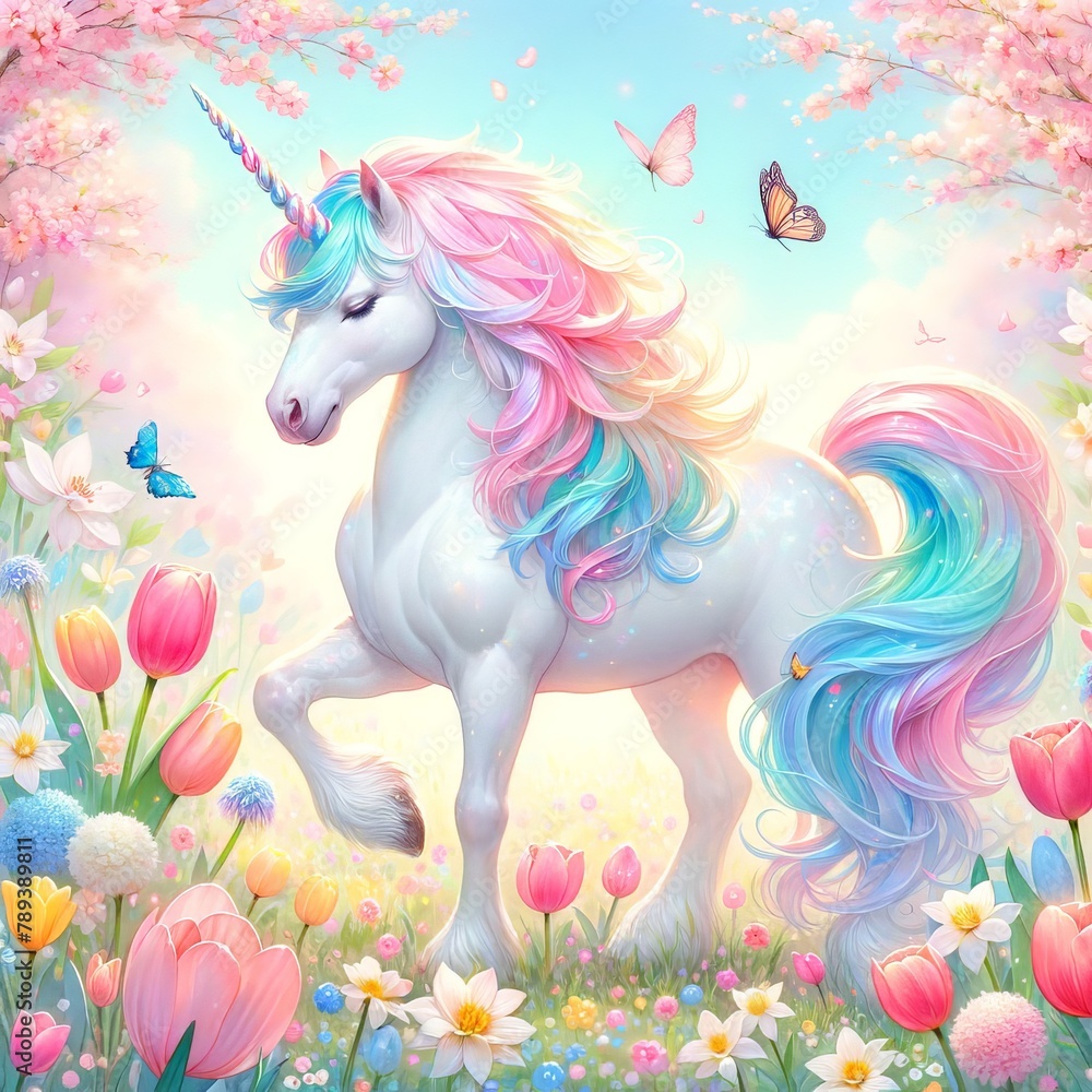 A majestic unicorn with a flowing rainbow mane and tail stands in a field of spring flowers. Magical and beautiful fantasy illustration of a mythical creature in a serene natural setting. A majestic unicorn with a flowing rainbow mane and tail stands in a field of spring flowers. Magical and beautiful fantasy illustration of a mythical creature in a serene natural setting.