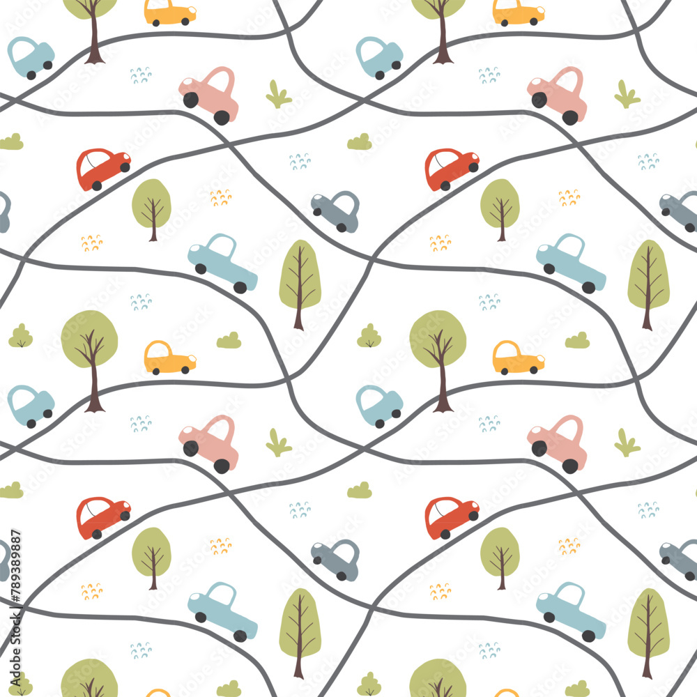 Cute Cars Seamless Pattern, Childish Cartoon background, vector Illustration Cute Cars Seamless Pattern, Childish Cartoon background, vector Illustration