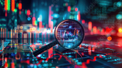 magnifying glass over a stock market graph. stock charts and data on a digital screen in the foreground with a golden glow light effect. business data with graphs and charts for finance management