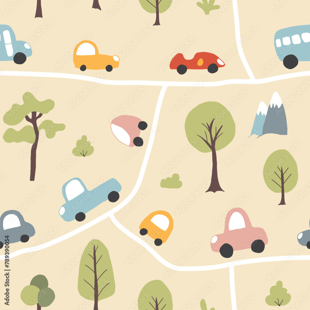 Cute Cars Seamless Pattern, Childish Cartoon background, vector Illustration