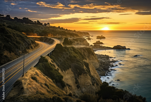 Scenic Coastal Sunset Drive Along Highway