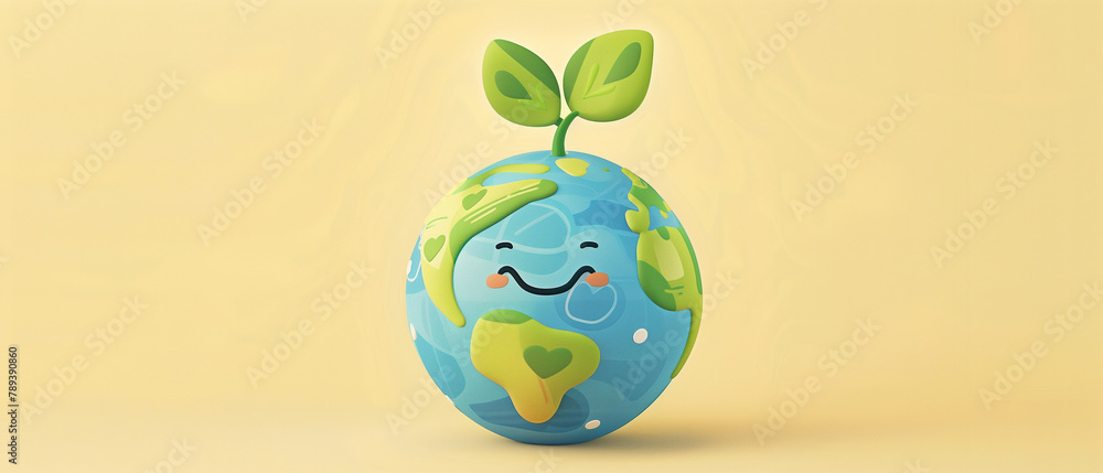 Happy Earth Cartoon Illustration with Hearts and Growing Plant