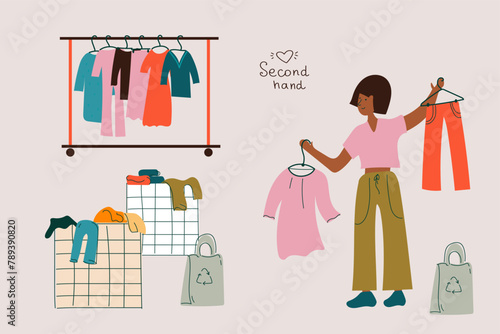  A young woman buys clothes at a flea market or a second-hand store. A girl is shopping at a sale.The concept of sustainable fashion.A cheap garage sale, a second-hand store. Flat vector