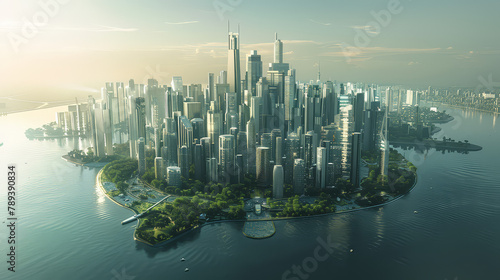 3D Rendering of futuristic city. Maximalist landscape isolated island with high tech city. AI Generative. 