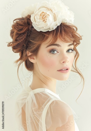 A woman with a flowery headpiece and a white dress