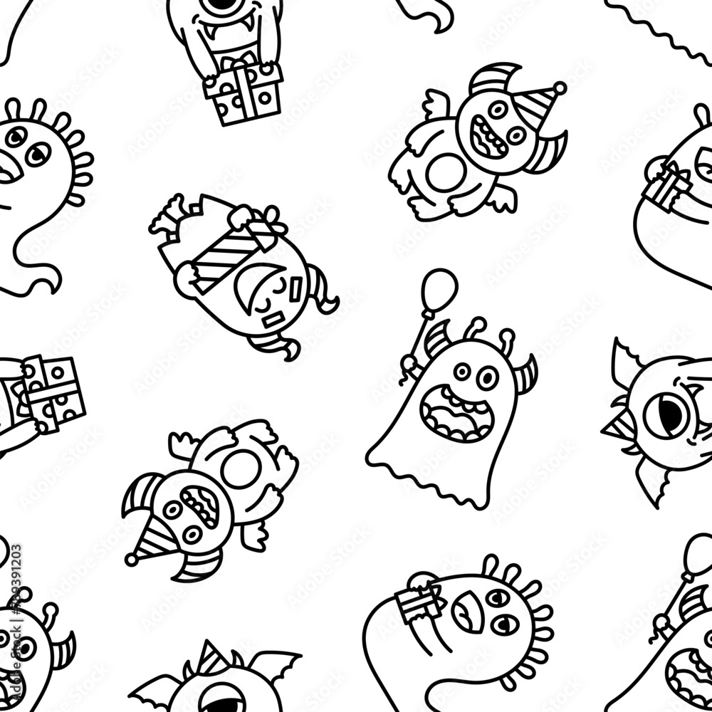 Kawaii cute party monsters. Seamless pattern. Coloring Page. Happy birthday gifts, funny alien, greeting cake. Hand drawn style. Vector drawing. Design ornaments.