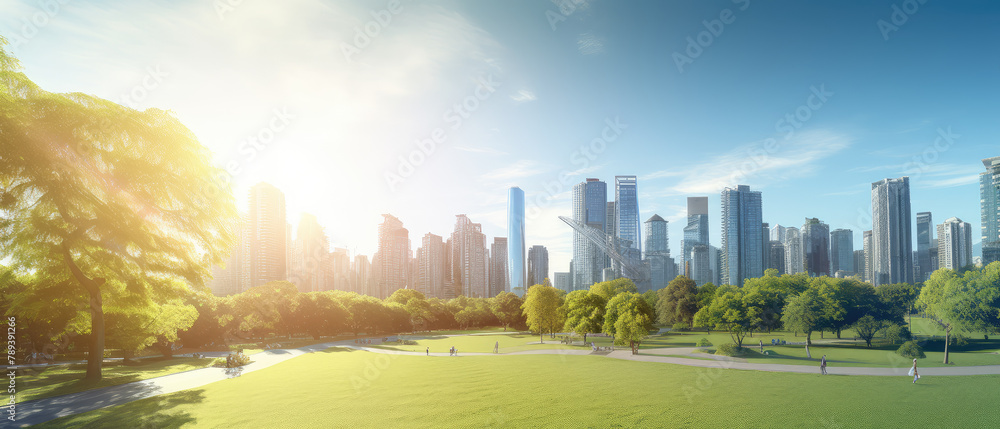 Obraz premium Urban Oasis: Serene Park Amidst City Skyline