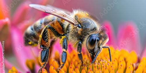 Closeup of a buzzy bee with yellow and black stripes pollinating a vibrant flower in bloom