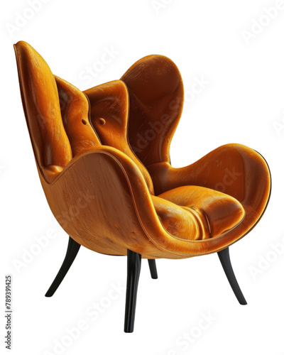 Velvet petal lounge chair in vibrant orange with contrasting black legs isolated on transparent background. Modern furniture studio shot. Contemporary design and comfort concept for design  photo