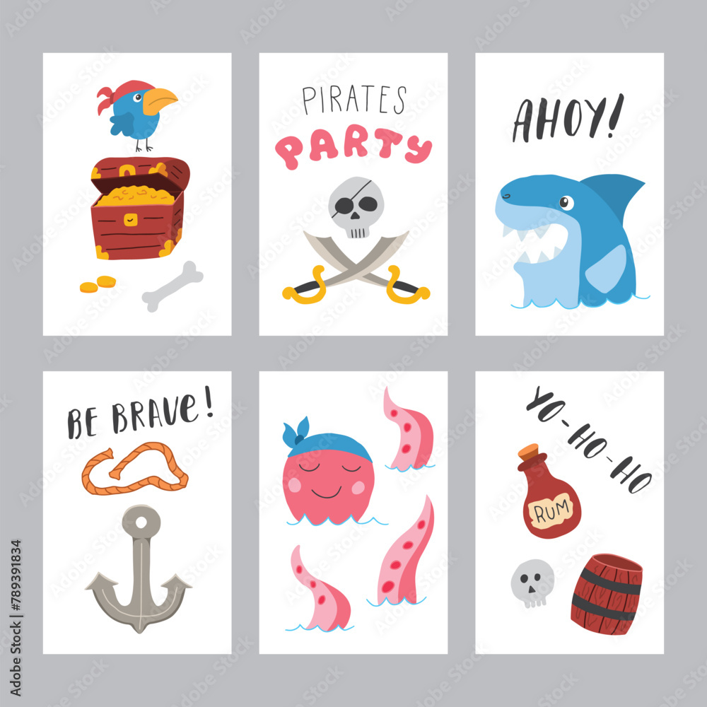 Cute Pirate cards set. Cartoon sea adventures cards collection. Vector illustration
