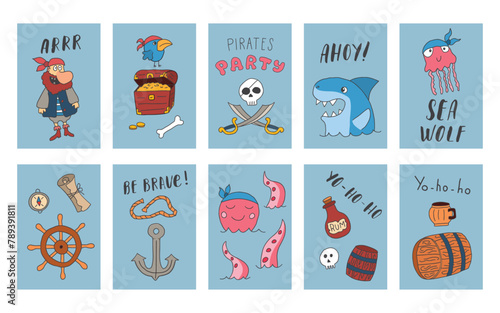 Cute Pirate cards set. Cartoon sea adventures cards collection. Vector illustration