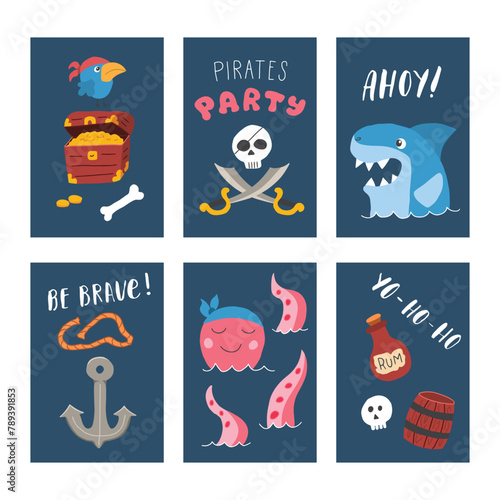 Cute Pirate cards set. Cartoon sea adventures cards collection. Vector illustration