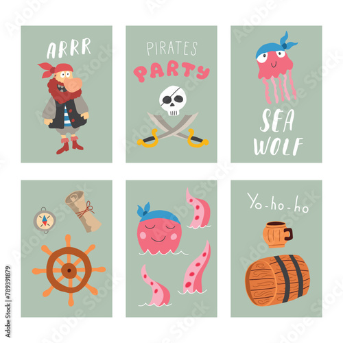Cute Pirate cards set. Cartoon sea adventures cards collection. Vector illustration