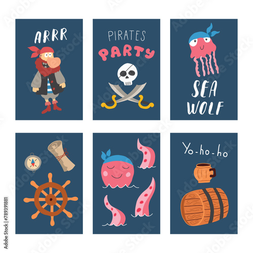 Cute Pirate cards set. Cartoon sea adventures cards collection. Vector illustration