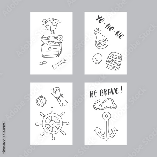 Cute Pirate cards set. Cartoon sea adventures cards collection. Vector illustration