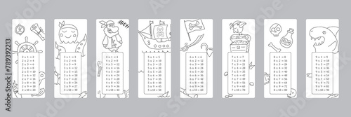 Multiplication table with cute Pirates items, Cartoon Pirate elements bookmarks collection. Vector illustration