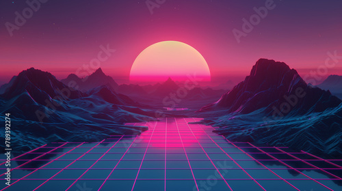 Synthwave Aesthetic of Retro-futuristic Landscape with Rising Sun