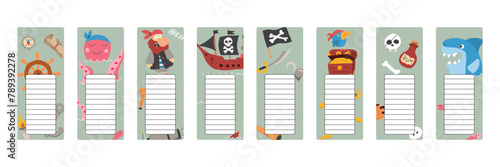 Bookmarks with cute Pirates items, Cartoon Pirate elements sticker collection. Vector illustration