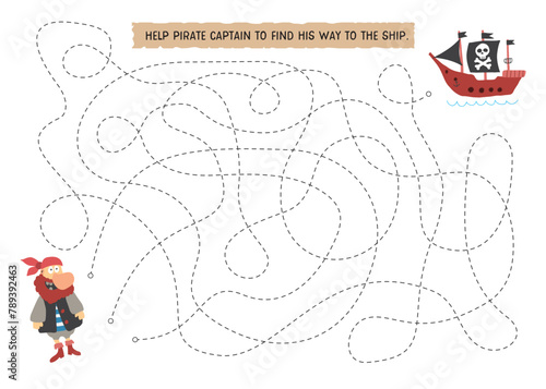 Labyrinth, Maze game for children. Logical puzzle for kids. Quest to find the right path for a Pirate to his ship. Vector illustration A4 - ready to print format.