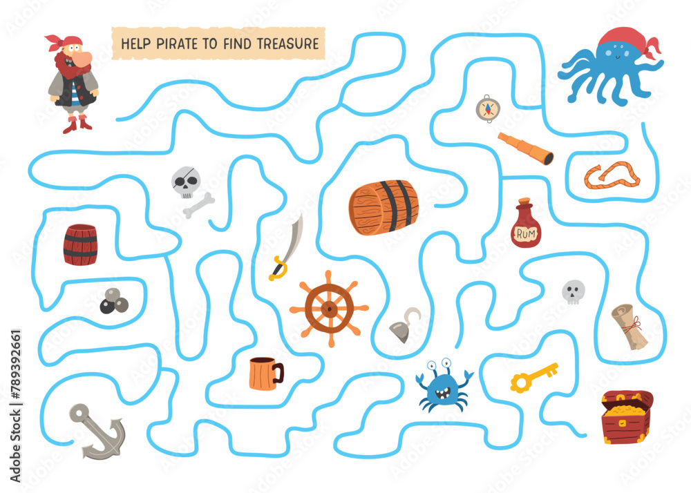 Obraz premium Labyrinth, Maze game for children. Logical puzzle for kids. Quest to find the right path for a Pirate to treasure. Vector illustration A4 - ready to print format