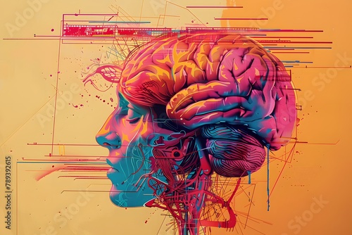 Art illustration of human brain in vibrant colors, with intricate lines and patterns representing the complex neural connections. Neuropsychology and human consciousness. Cognitive function. Dementia photo