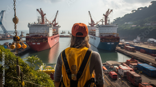 young woman with yellow backpack and cap watching the ships cross the panama canal.